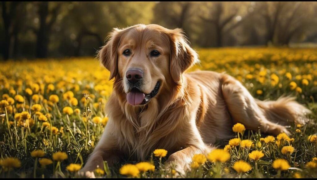 Hund_Loewenzahn Ein prächtiger Golden REtriever, der in einer Löwenzahnwiese liegt. Soll darstellen: Hund Loewenzahn