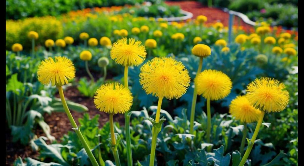 Loewenzahn_Garten Nahaufname von blühenden Löwenzahnpflanzen, die zwischen Gemüsen blühen. Soll darstellen: Löwenzahn Garten