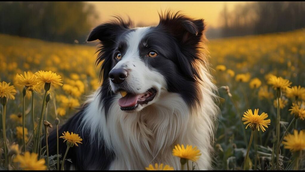 Ein Bordercollie, der in einem Löwenzahnfeld sitzt. Soll darstellen: Löwenzahn Hund