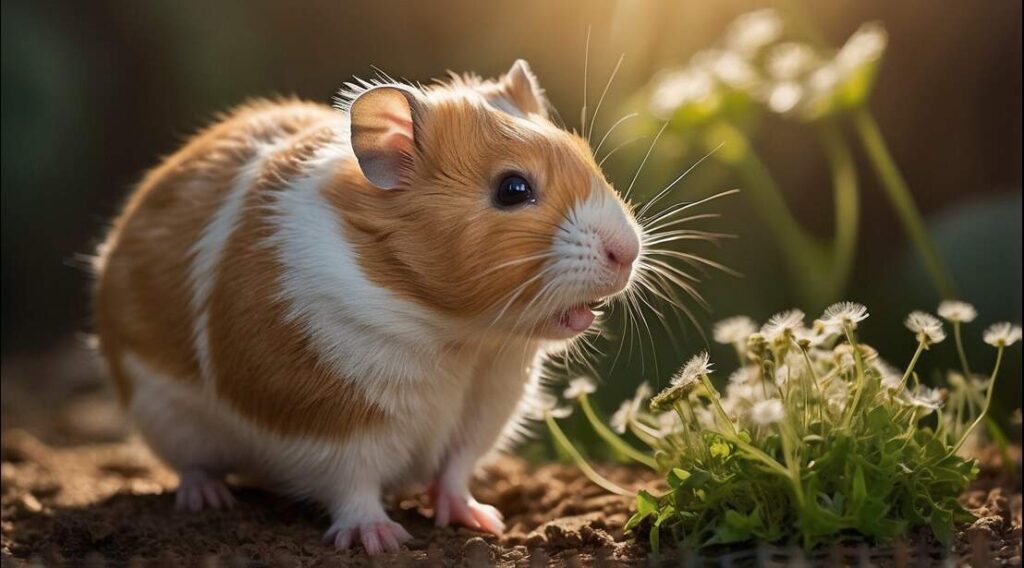 Loewenzahn_fuer_Hamster 1 Hamster, der dabei ist Loewenzahn zu fressen. Soll darstellen: Löwenzahn für Hamster