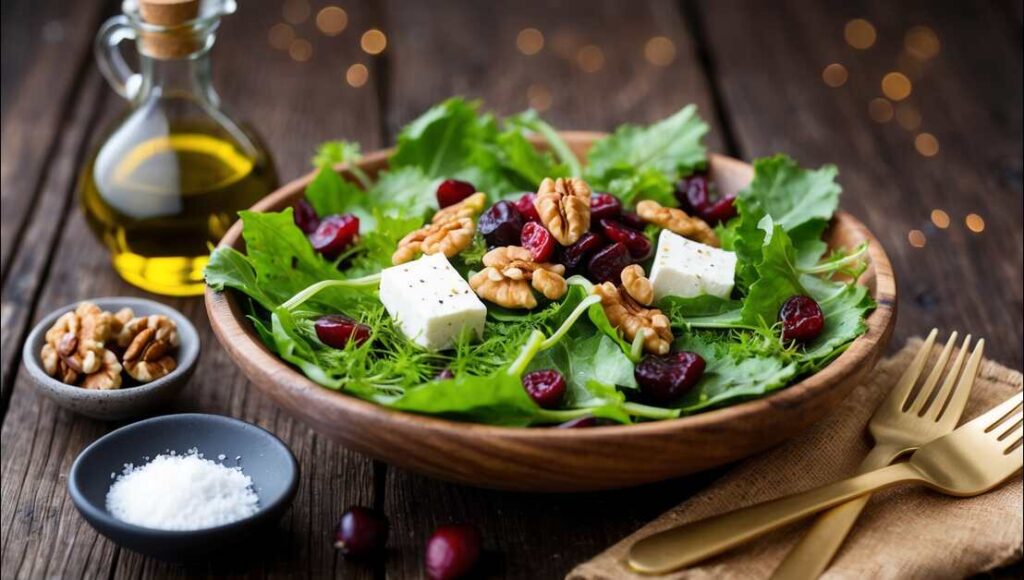 Pflückfrischer Löwenzahnsalat mit Ziegenkase und Cranberries. Soll darstellen: Löwenzahnsalat