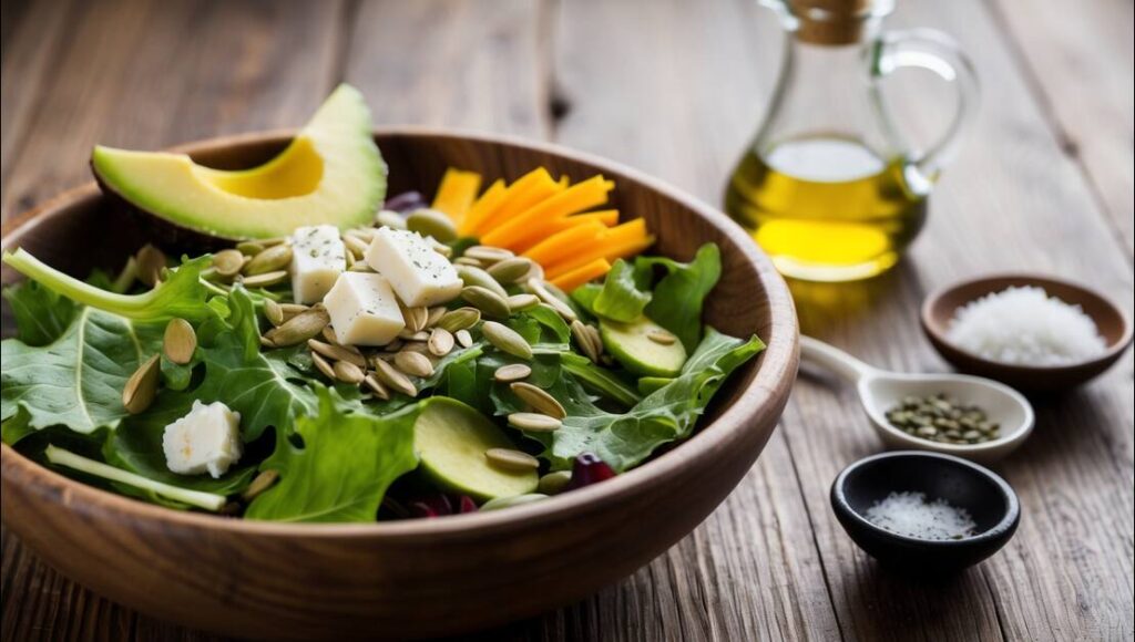 Schön angerichteter Löwenzahnsalat mit Ziegenkäse und Avocado. Soll darstellen: Löwenzahnsalat