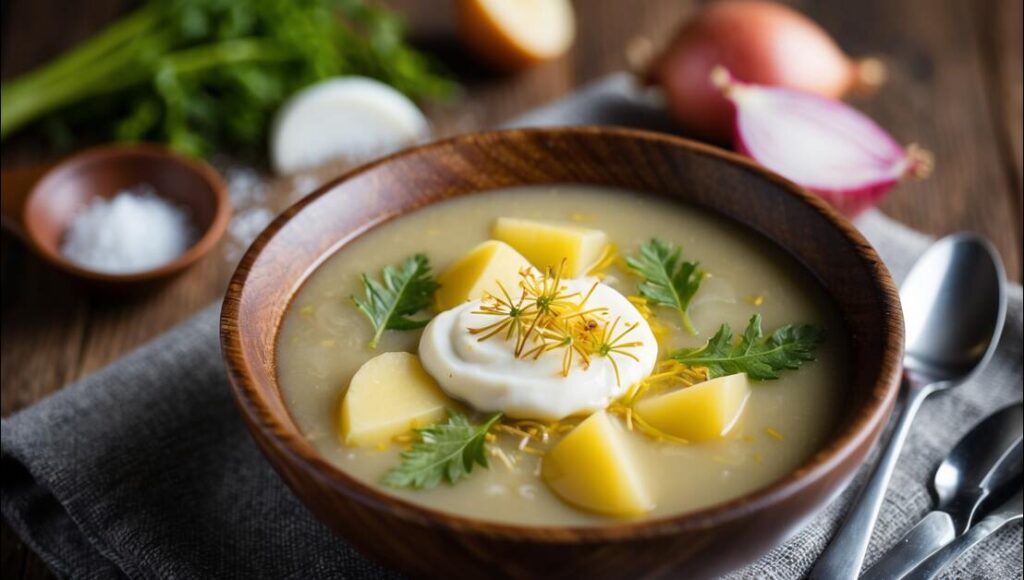 Heiße Löwenzahnsuppe mit Kartoffeln. Soll darstellen: Löwenzahnsuppe