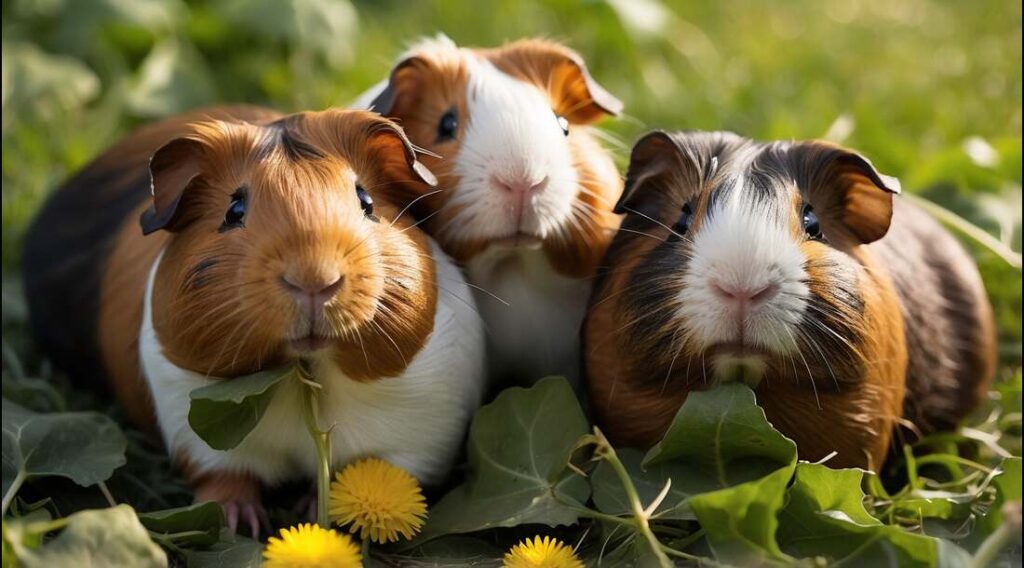Meerschweinchen Loewenzahn 3 Meerschweinchen, die Löwenzahn fressen. Soll darstellen: Meeschweinchen Löwenzahn