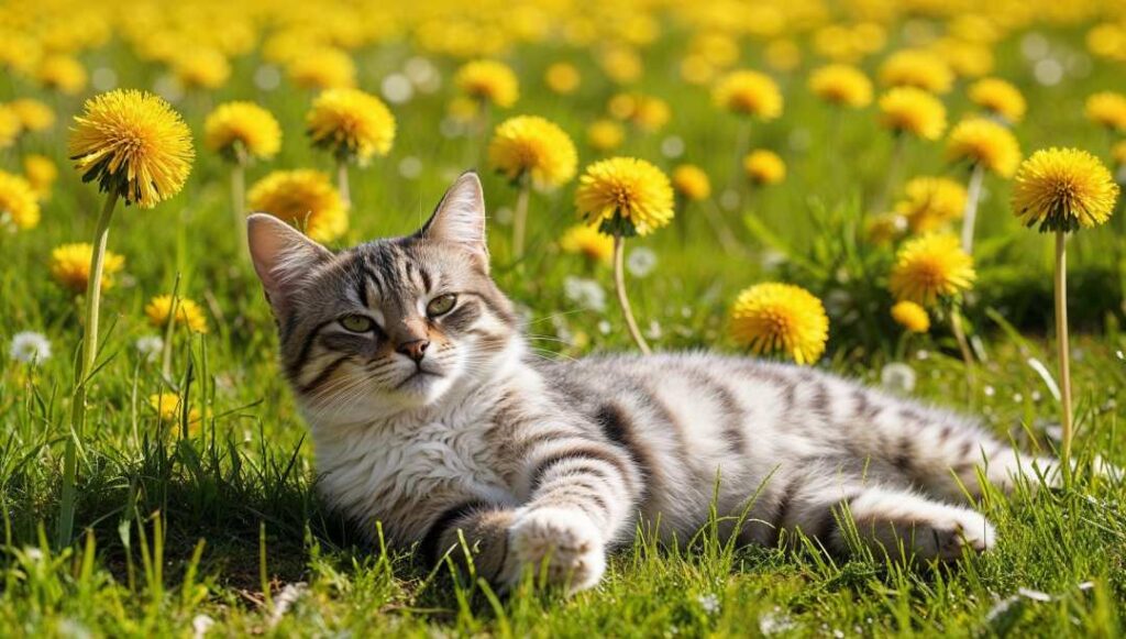 Ein Kätzchen reckelt sich in einer Löwenzahnwiese, was symbolisch ist für Löwenzahn für Katzen