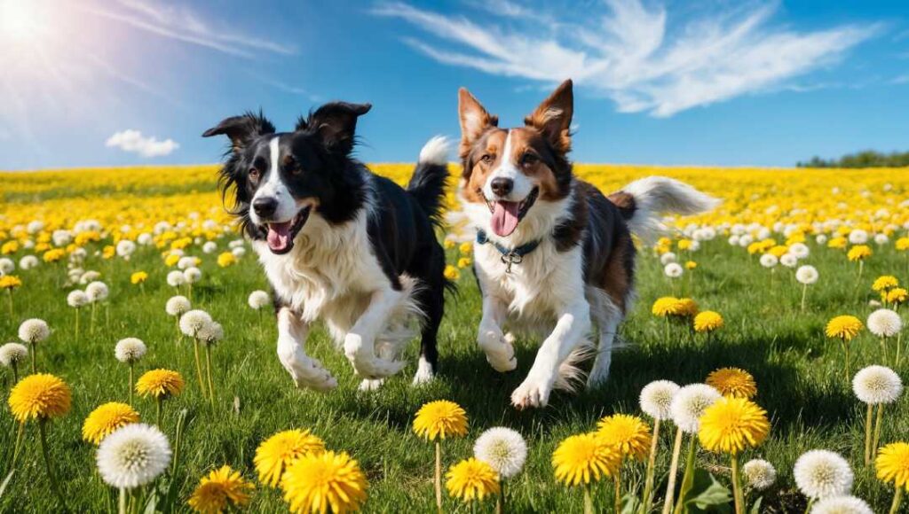 2 Border Collies, die auf einer Blumenwiese spielen, soll darstellen: Löwenzahn gesund für Hunde