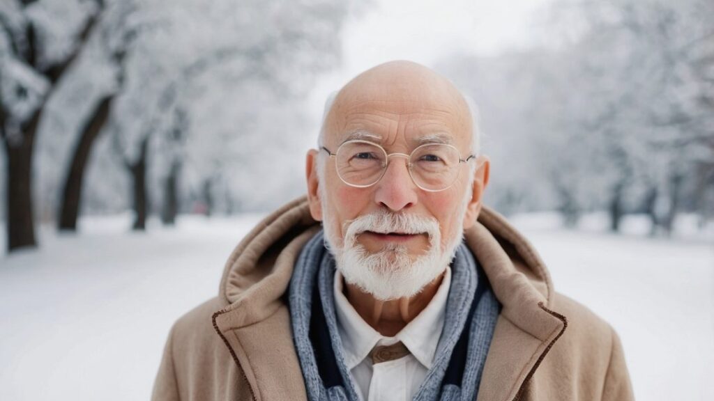 Peter Lustig im Portrait im Winter. Soll darstellen: Löwenzahn Weihnachtsfolgen