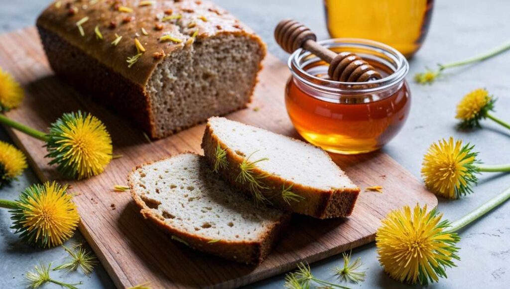 Frisch gebacknes Brot und selbstgemachter Honig, die für Rezepte mit Löwenzahn stehen