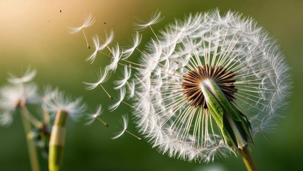 Makro, dass die Verwandlung vom Löwenzahn zur Pusteblume illustriert mit Samen im Wind